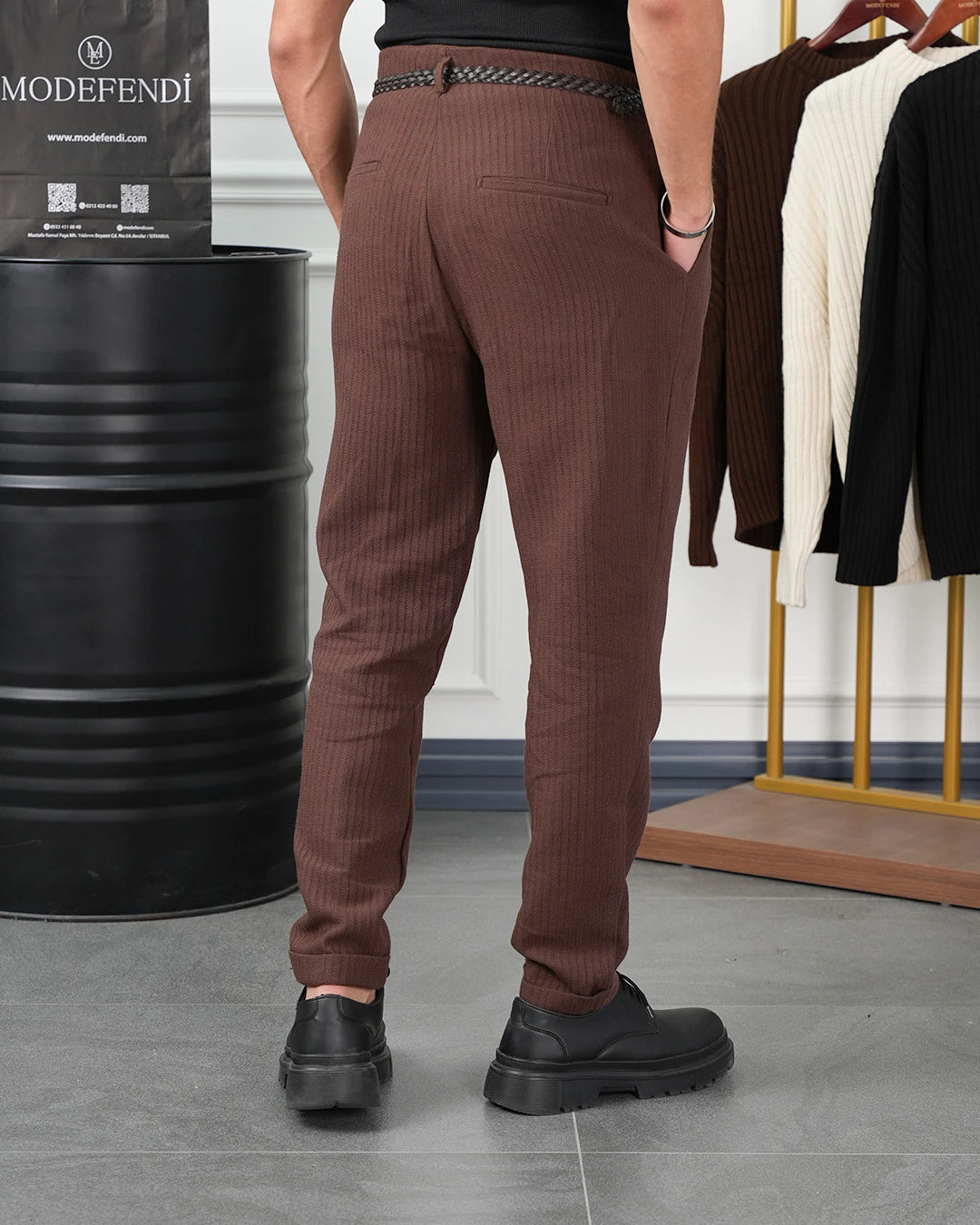 Hasır Örgü Kemerli Pamuk Keten Örme Pileli Pantolon