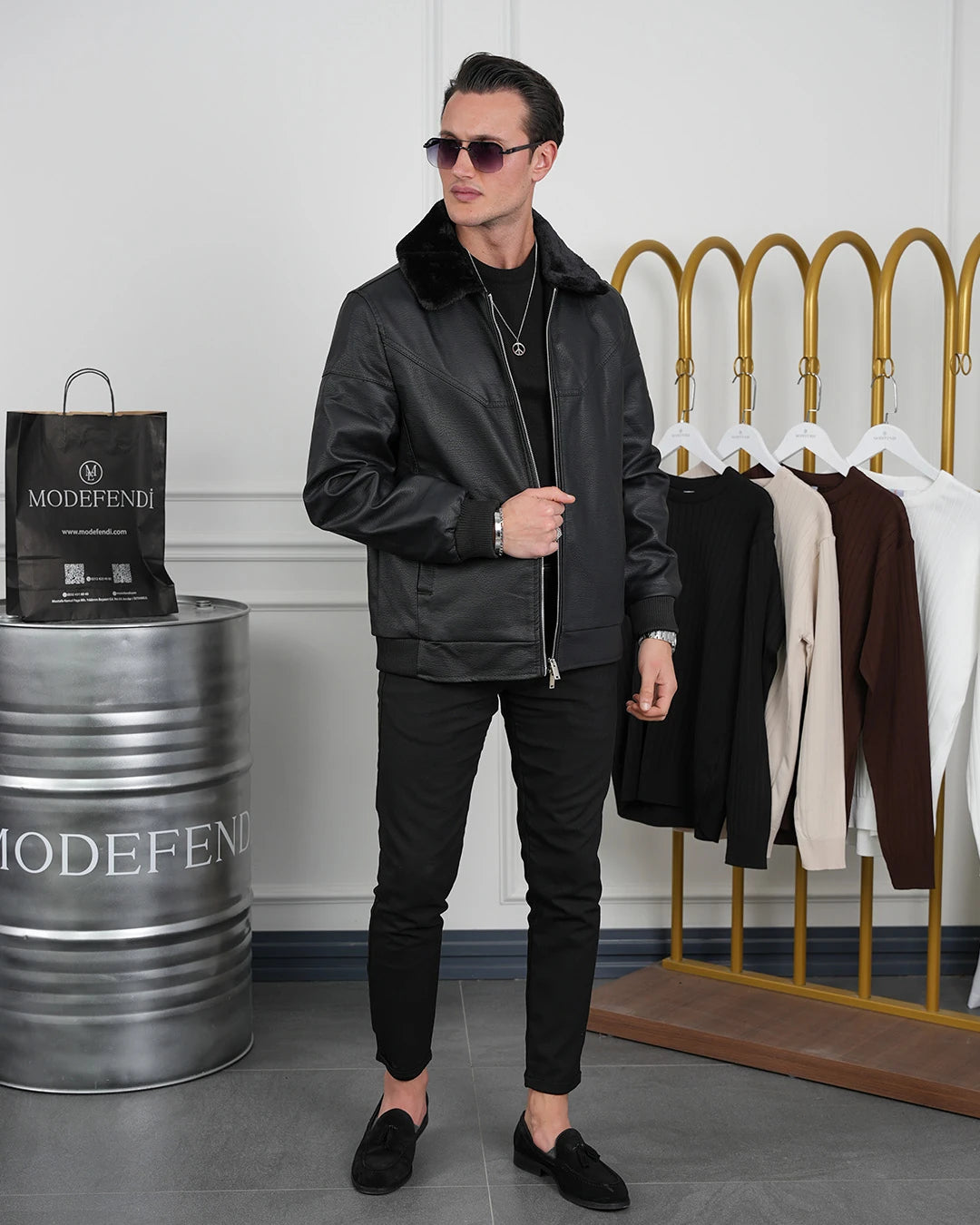 Slim Fit Yaka Kürklü Uzun Ribana İthal Deri Mont