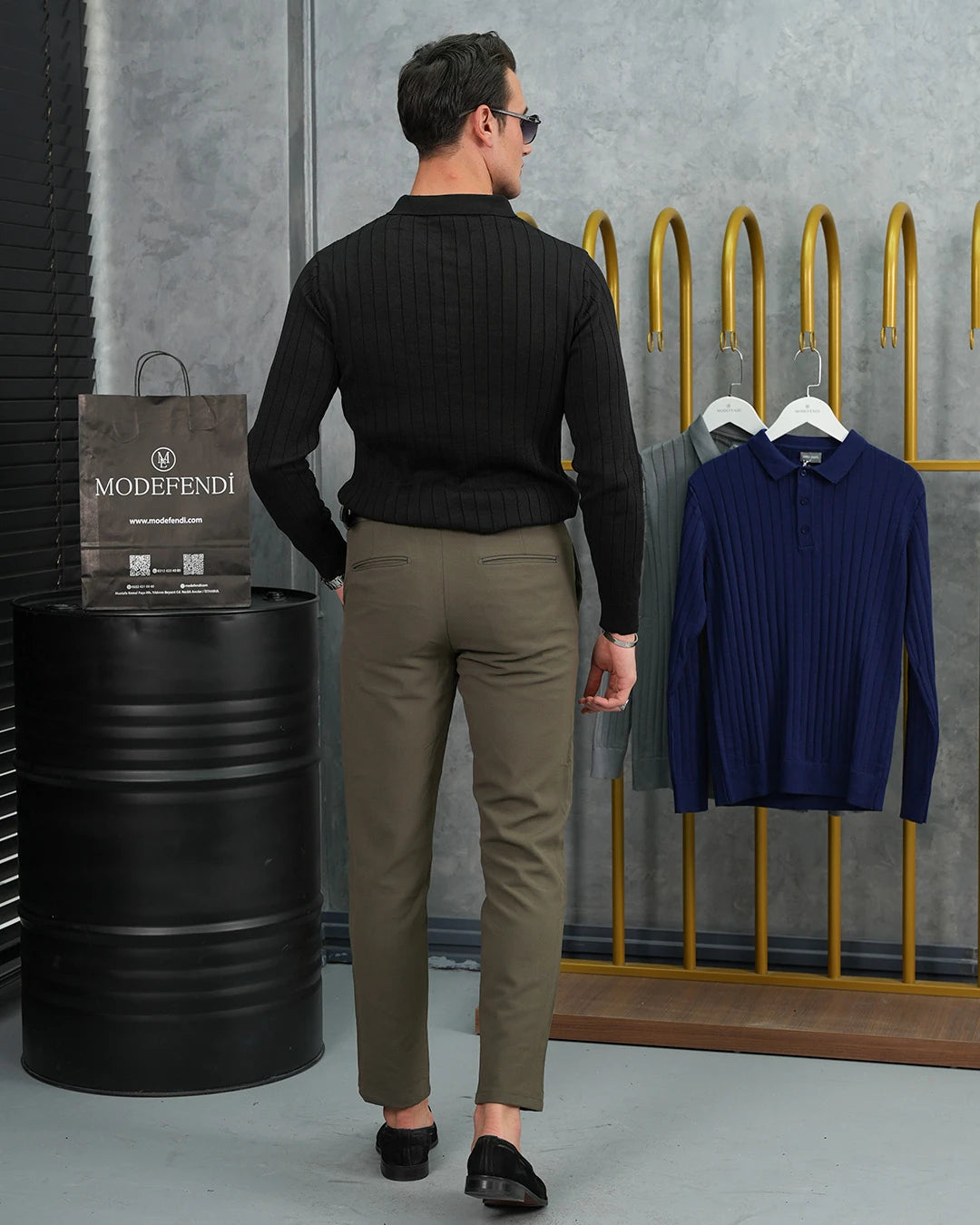 Pamuk Likra Slim Fit Polo Yaka Dikey Geniş Çizgi Triko Kazak