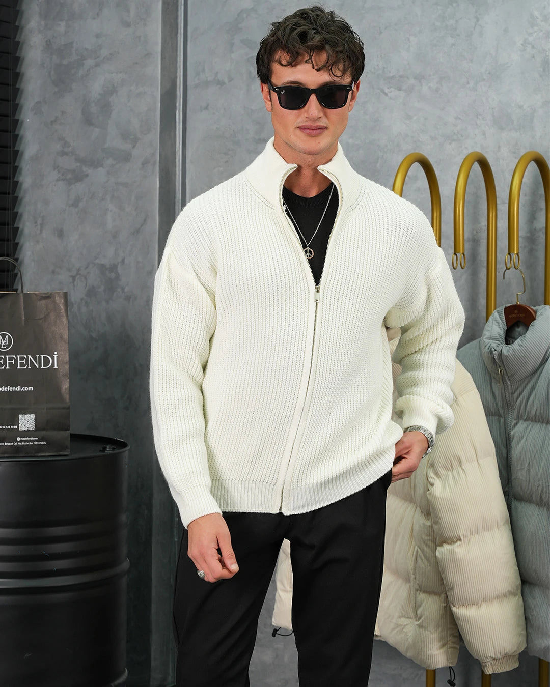 Yüksek Kalite Örgü Desen Fermuarlı Triko Hırka