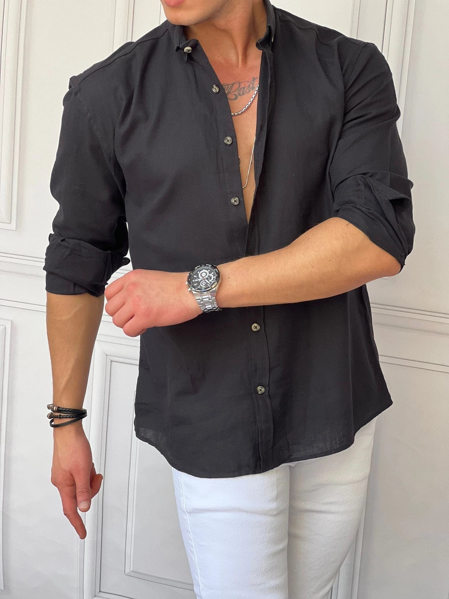 Rahat Kalıp Oversize Büyük Düğme Pamuklu Keten Gömlek