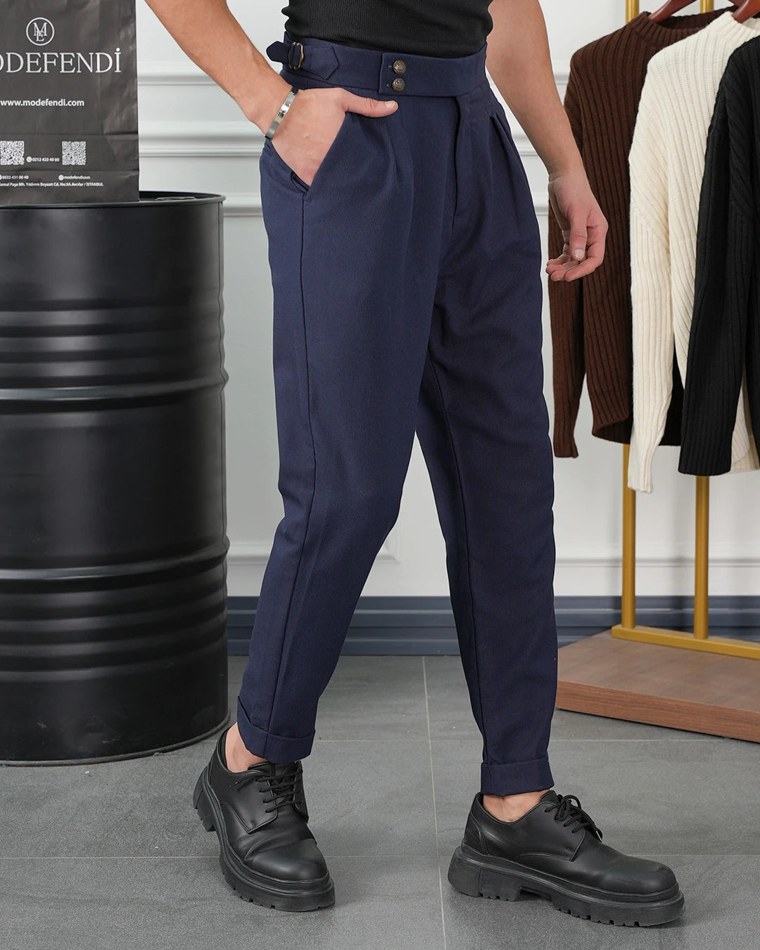 Yüksek Bel Pileli Petek Örme Pamuklu Slimfit Pantolon