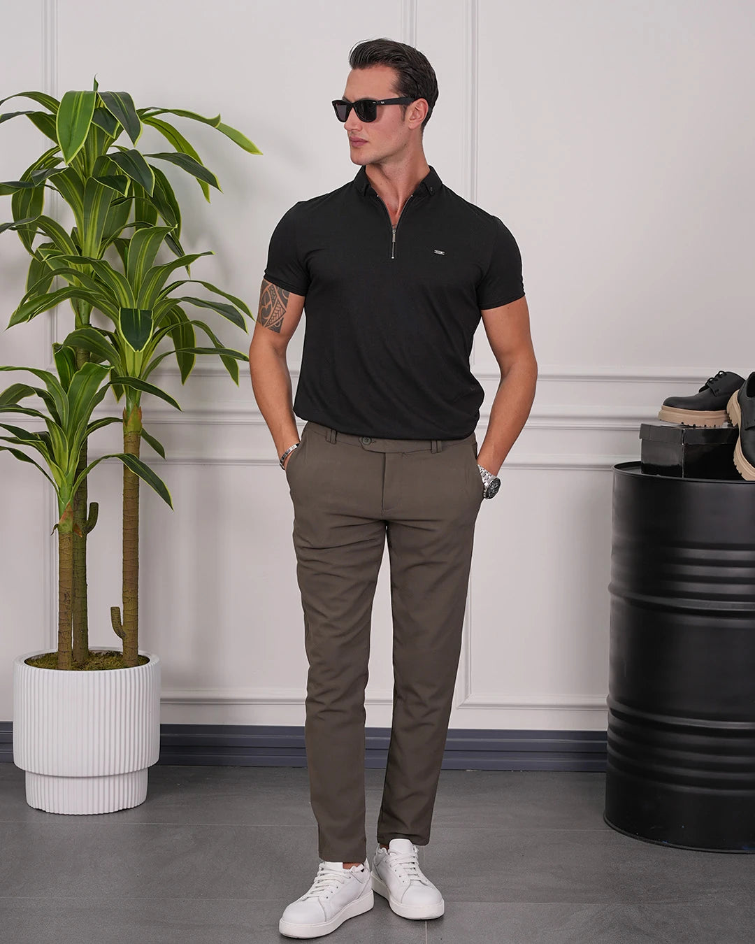 Pamuk Likra Slim Fit Kalıp Bebe Yaka Fermuarlı Tshirt