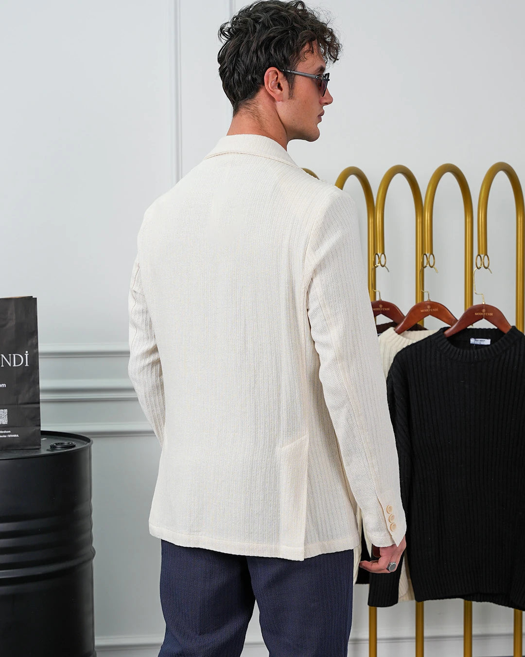 %100 Pamuk Keten Modern Fit Örgü Kemer Detaylı Keten Takım Elbise