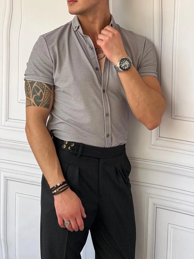 Pamuk Likra Gofre Kumaş Slim Fıt Kalıp Kısa Kollu Gömlek