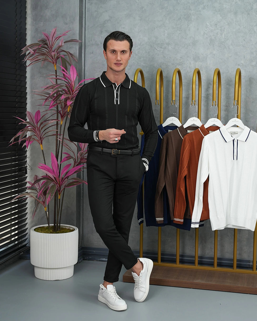 Pamuk Likra Slim Fit Örgü Desen Yaka Şerit Detaylı Polo Yaka Kazak