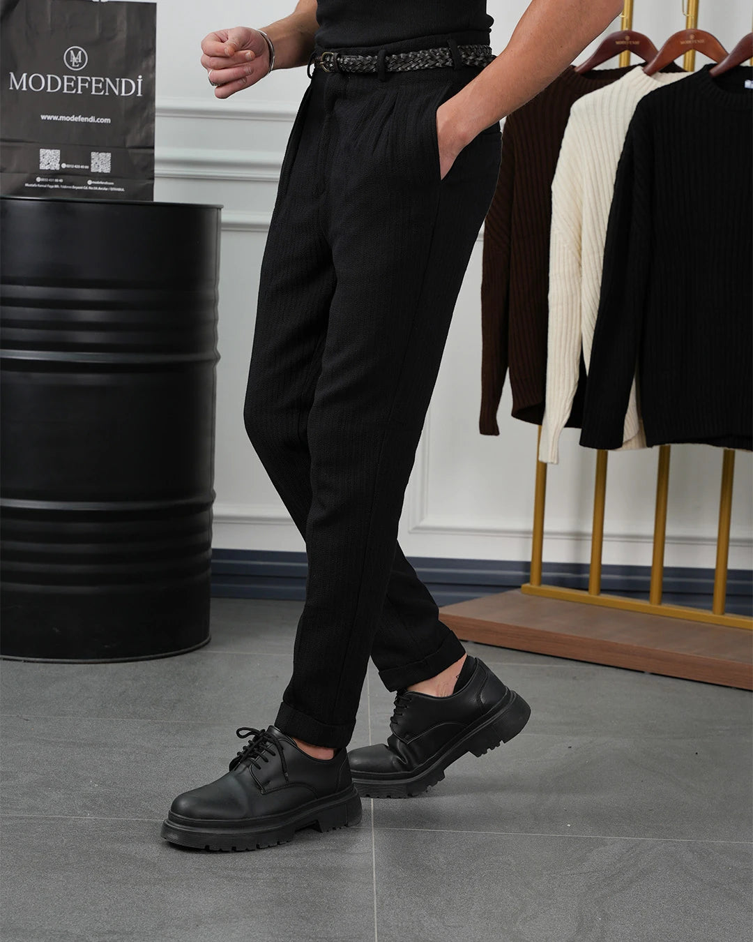 Hasır Örgü Kemerli Pamuk Keten Örme Pileli Pantolon