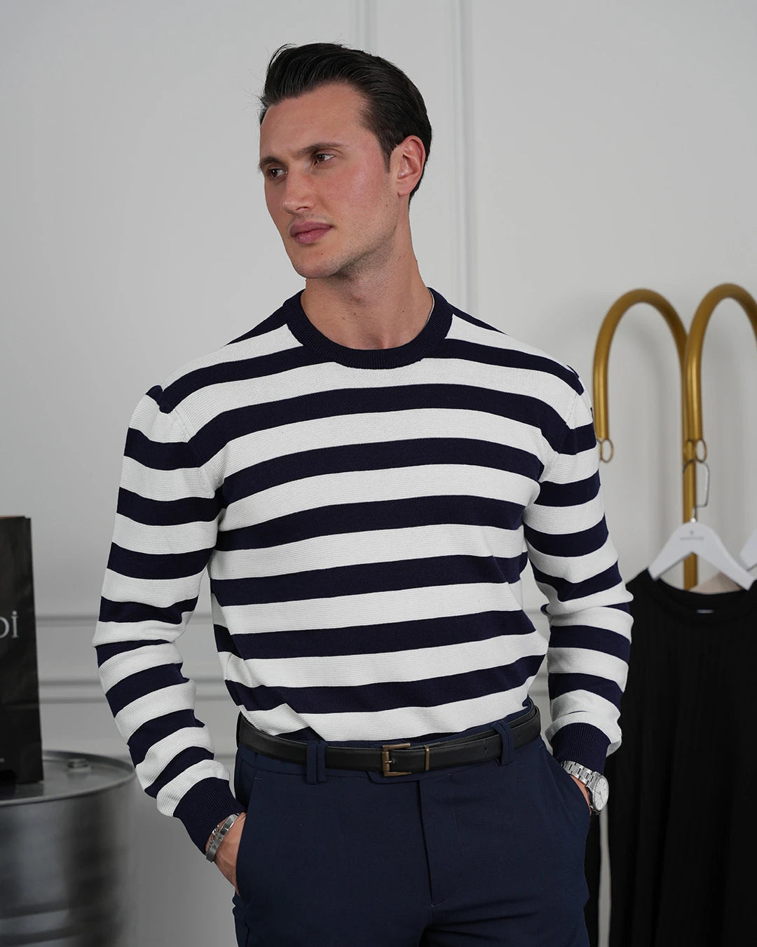 Slim Fit Kalıp Pamuk Likra Yatay Şerit Detaylı Bisiklet Yaka Triko Kazak