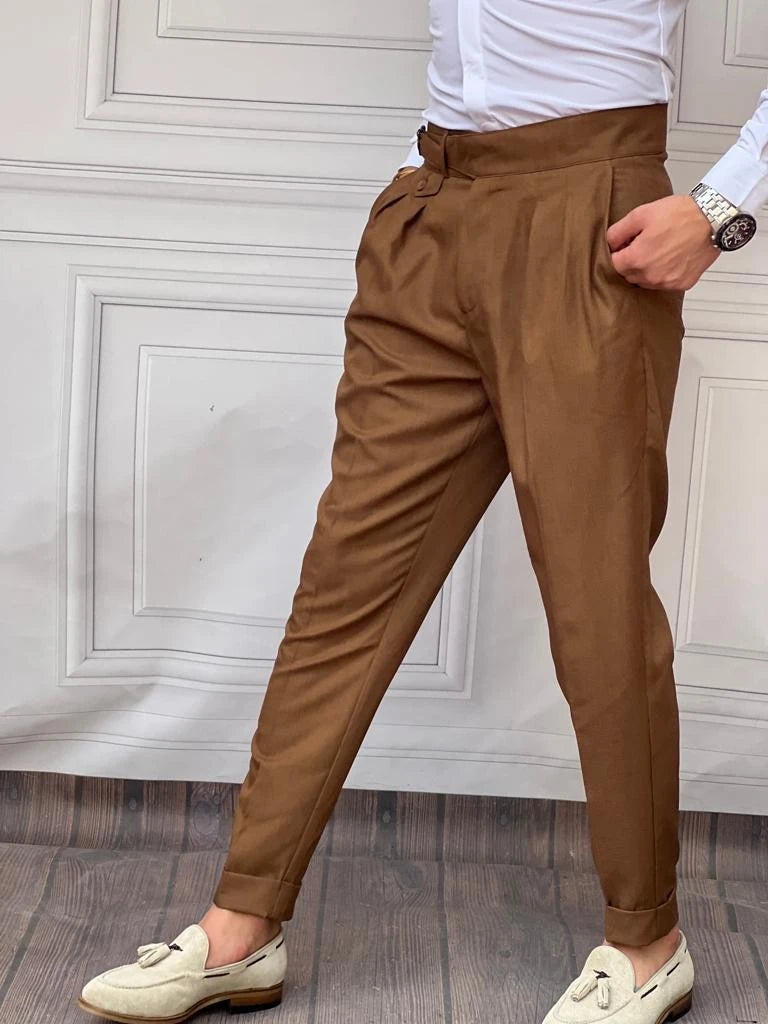 Kuşak Toka Detaylı Kuş Gözü Desen Pileli Pantolon