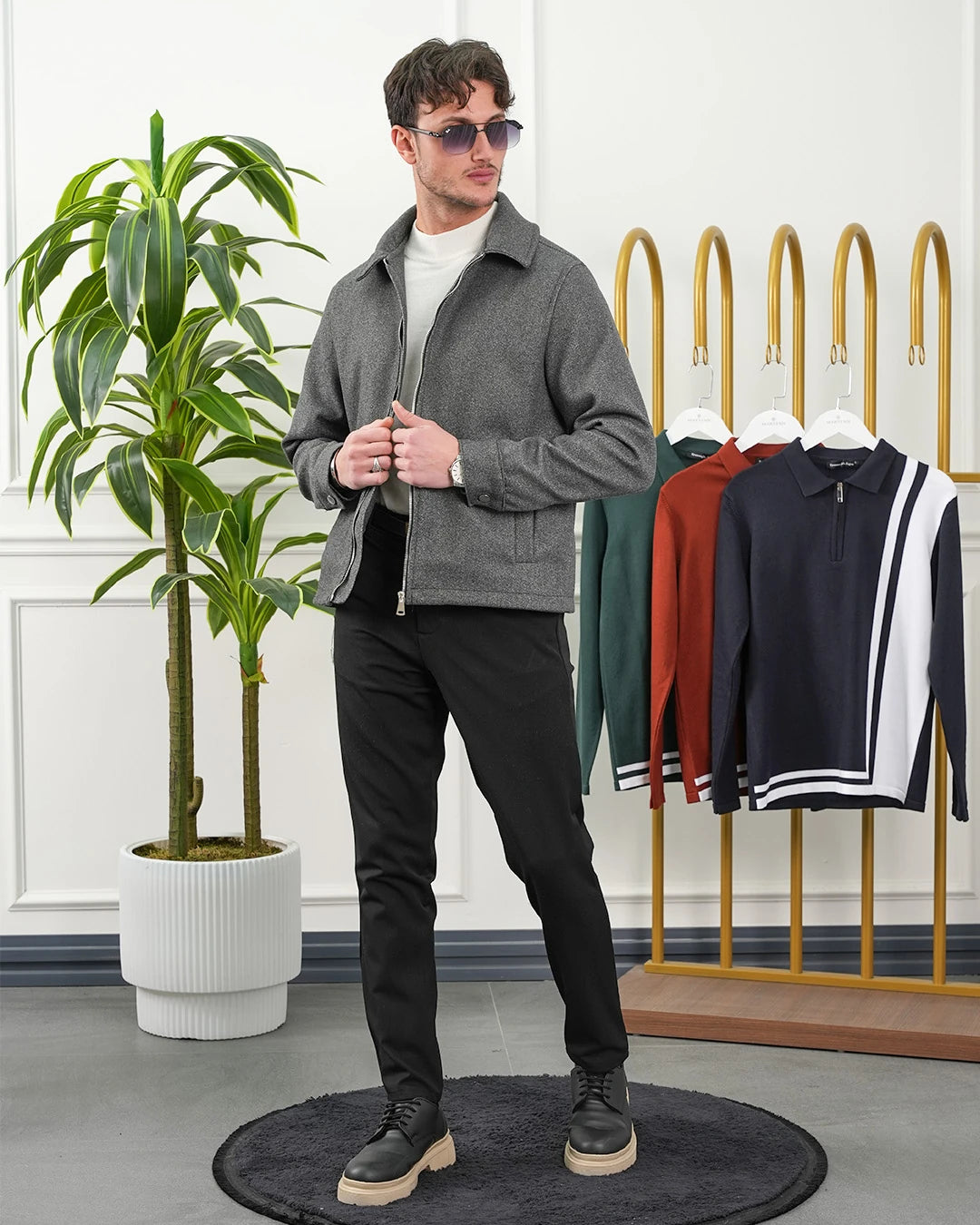 Düz Yaka Fermuarlı Kaşe Ceket