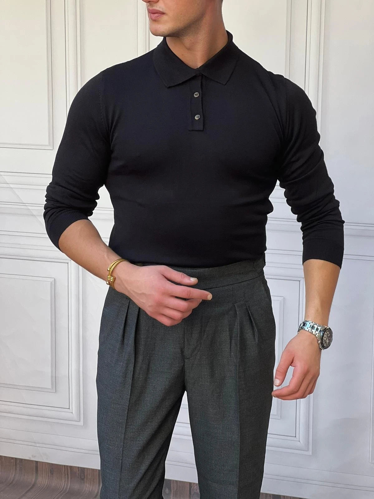 Slimfit Kalıp Pamuk Likra Düğme Detaylı Triko Kazak