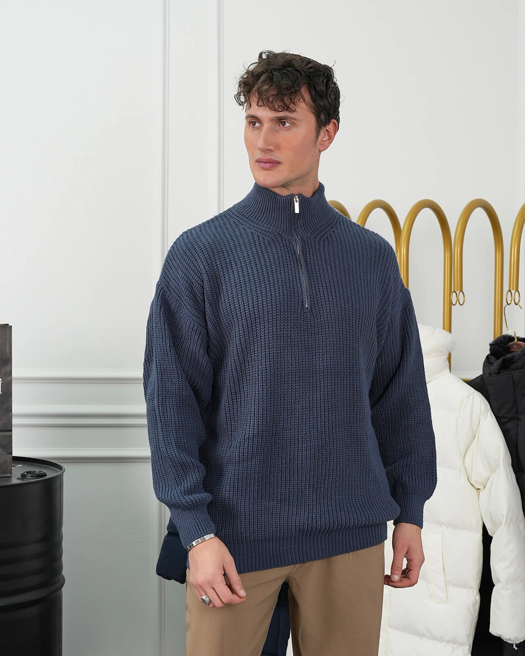 Örgü Desen Fermuar Detaylı Oversize Kazak