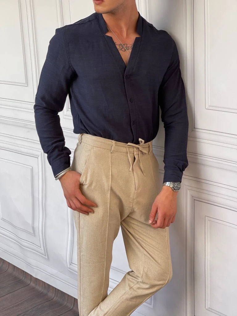 Rahat Kalıp  Yaka Yırtmaç Detaylı Keten Gömlek