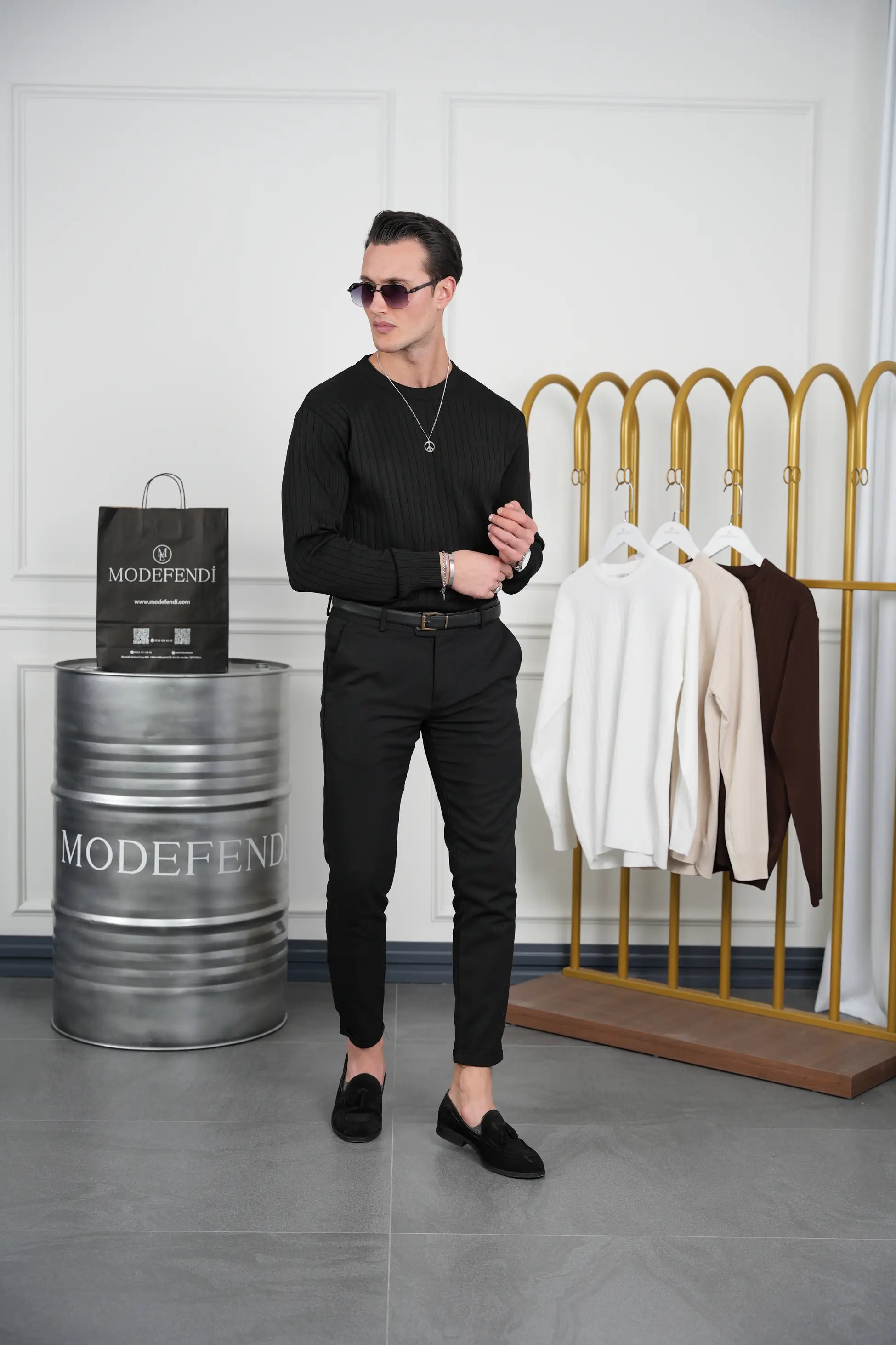 Pamuk Likra Slim Fit Bisiklet Yaka Dikey Çizgi Triko Kazak