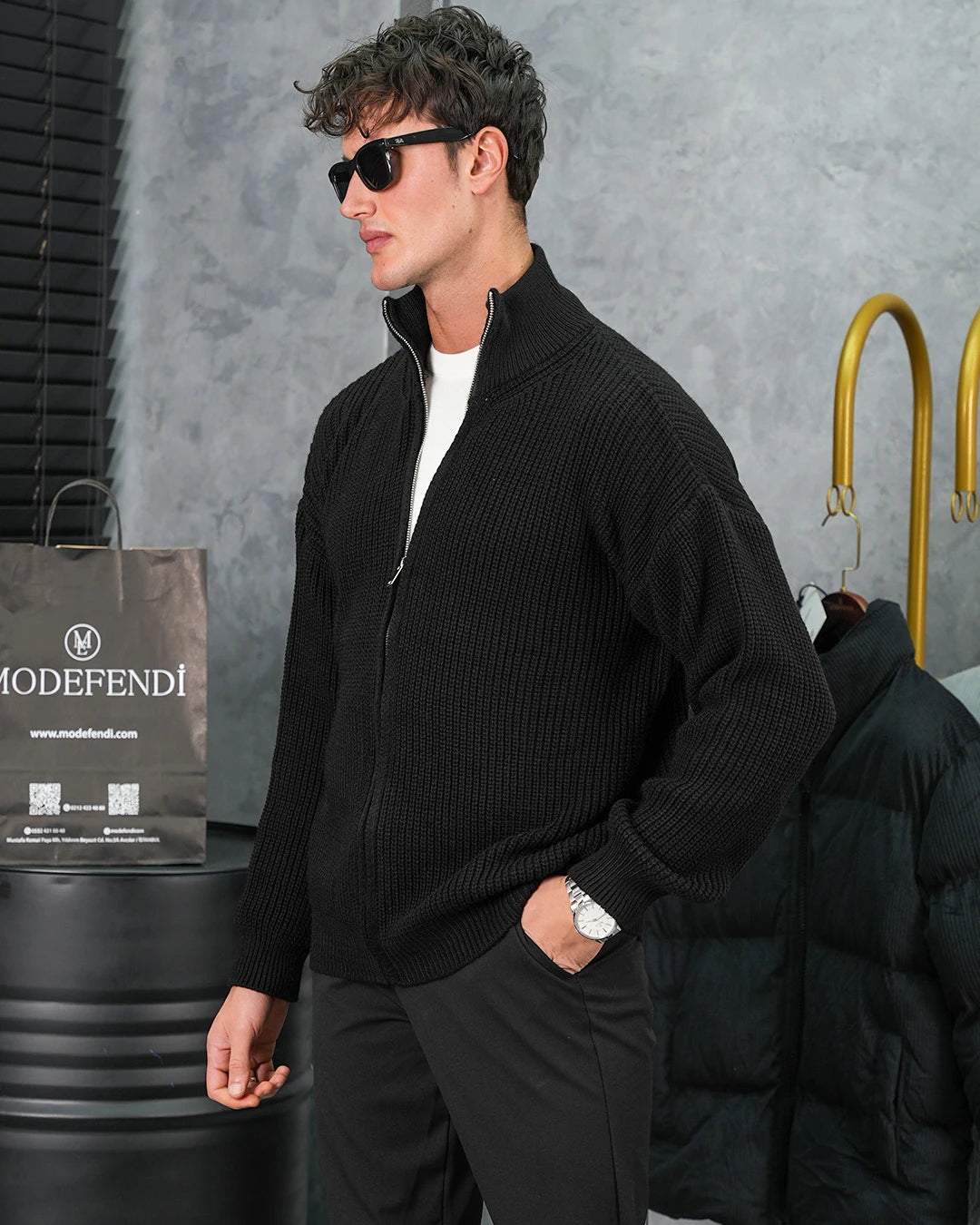 Yüksek Kalite Örgü Desen Fermuarlı Triko Hırka