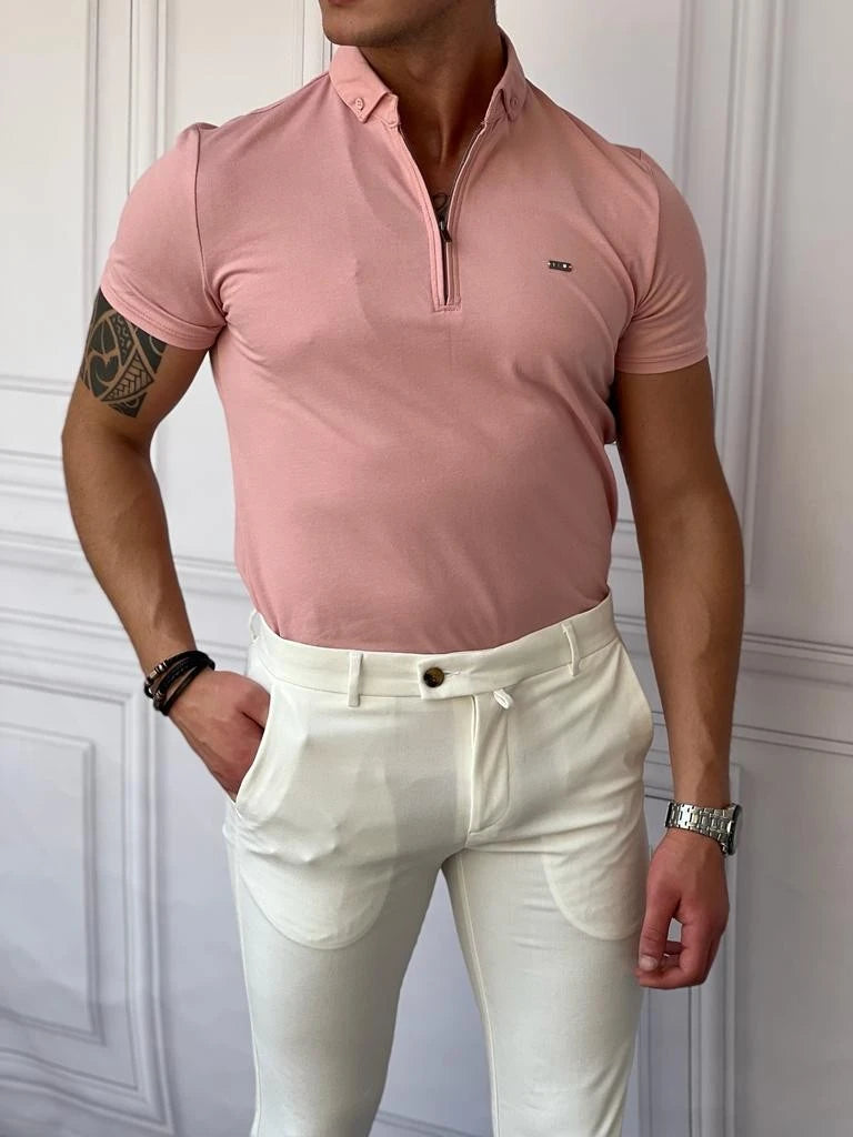 Pamuk Likra Slim Fit Kalıp Bebe Yaka Fermuarlı Tshirt