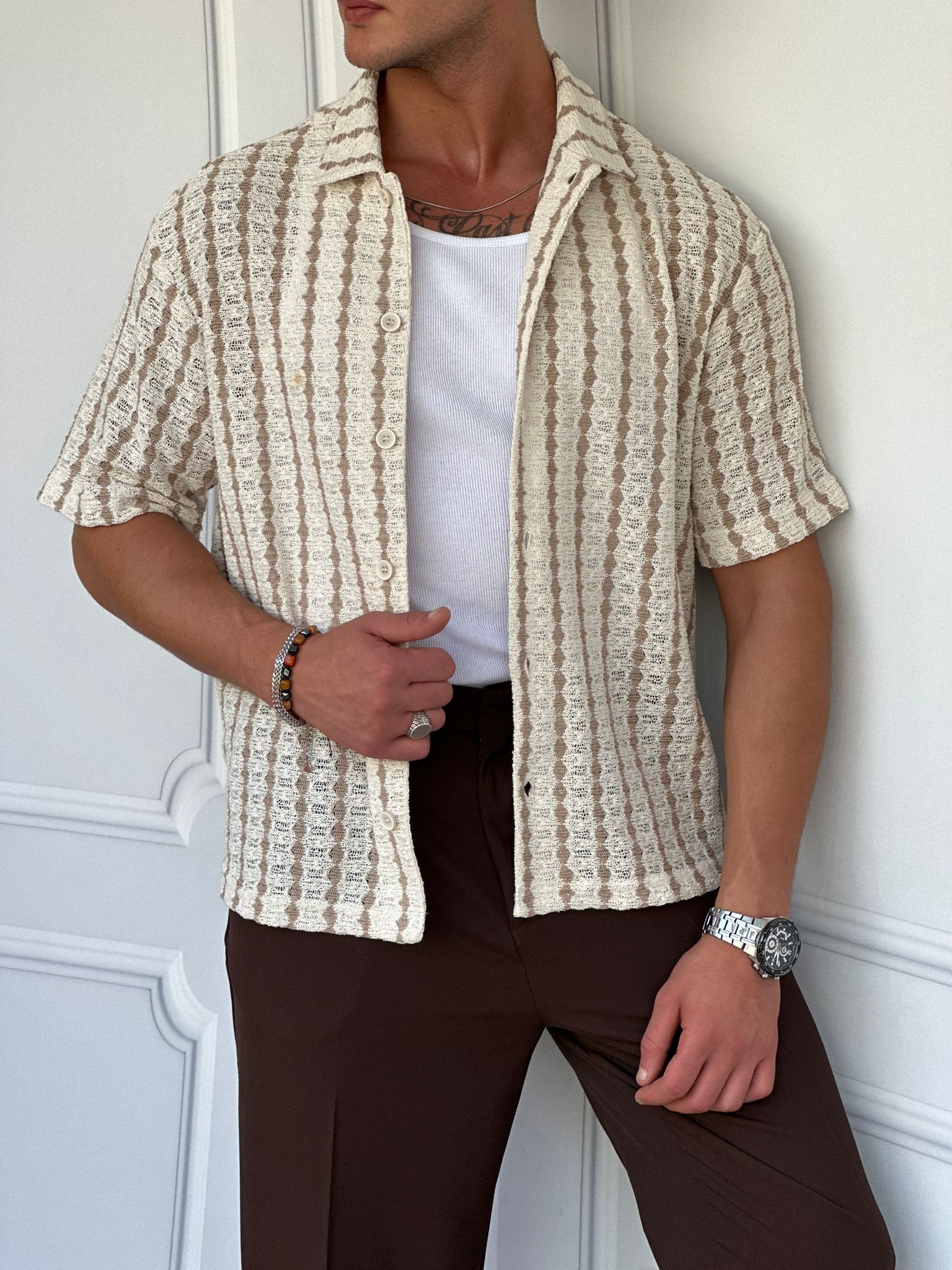Şerit Desenli %100 Pamujk Dokuma Regular Fit Kısa Kollu Keten Gömlek
