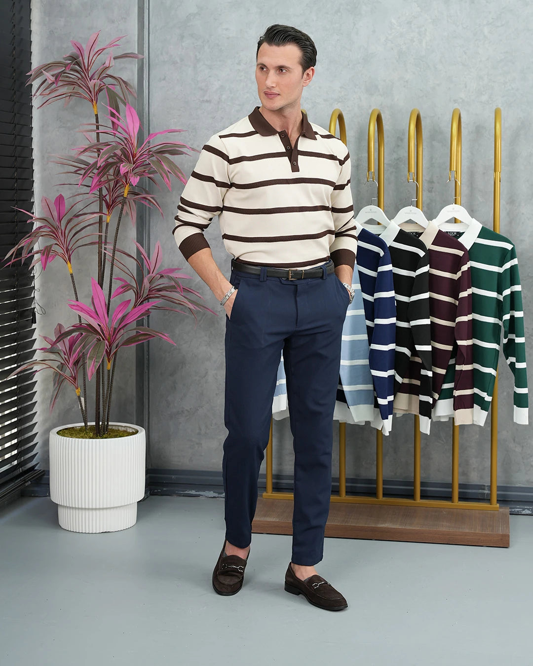 Pamuk Likra Slim Fit Örgü Yatay Desen Yaka Şerit Detaylı Polo Yaka Kazak