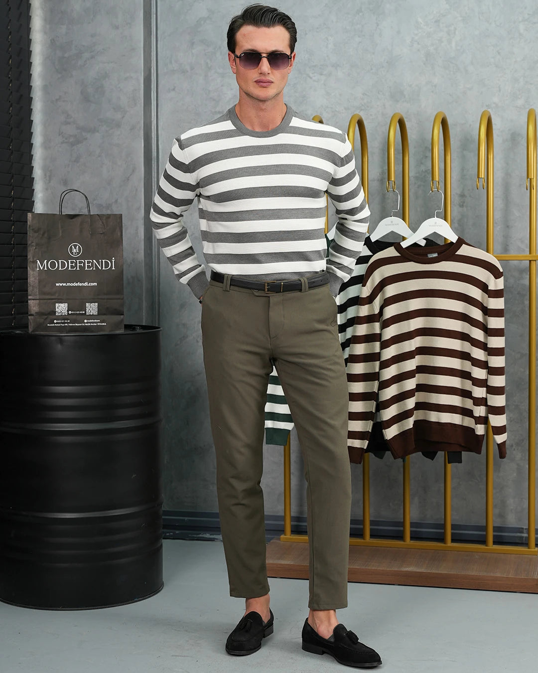 Slim Fit Kalıp Pamuk Likra Yatay Şerit Detaylı Bisiklet Yaka Triko Kazak