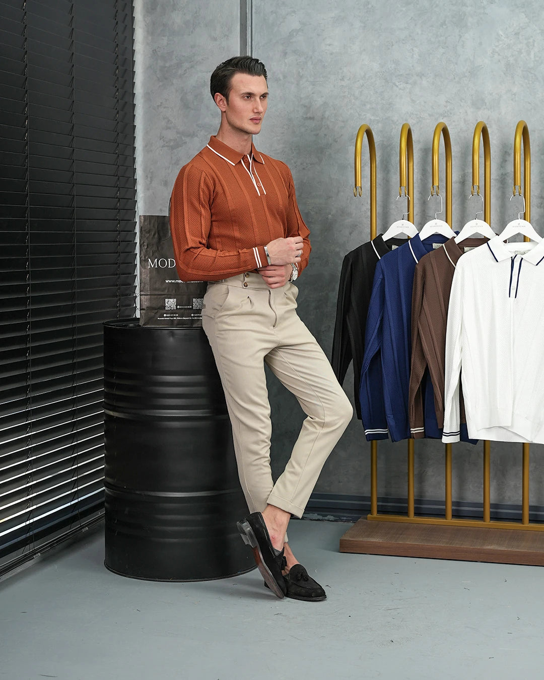 Pamuk Likra Slim Fit Örgü Desen Yaka Şerit Detaylı Polo Yaka Kazak