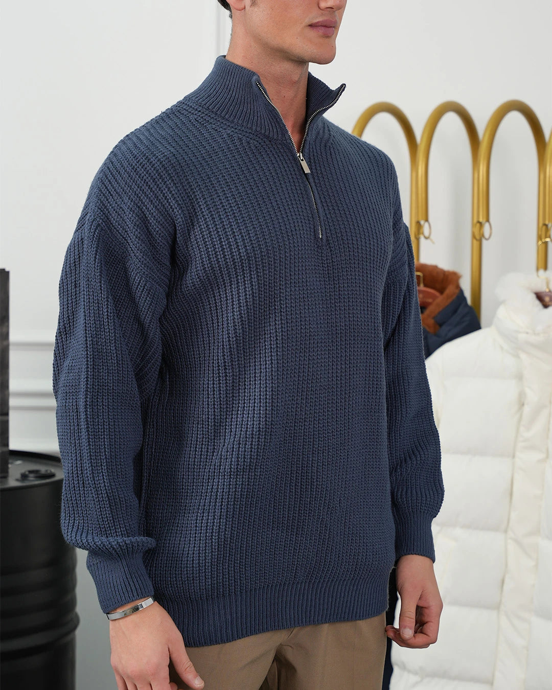 Örgü Desen Fermuar Detaylı Oversize Kazak