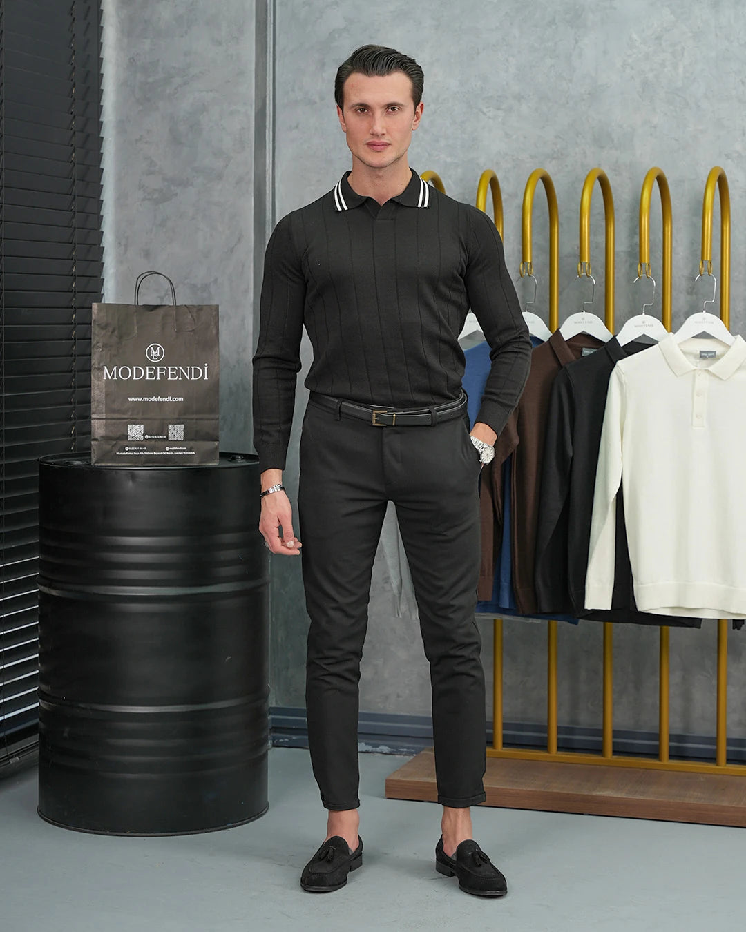 Pamuk Likra Slim Fit Örgü Desen Kesik Yaka Kazak