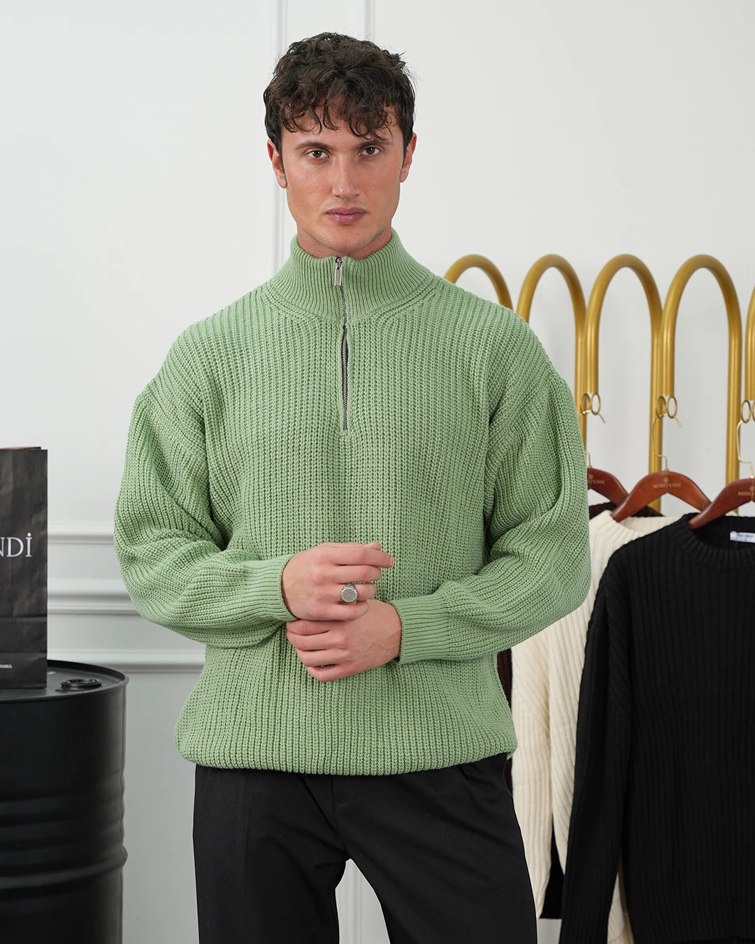 Örgü Desen Fermuar Detaylı Oversize Kazak