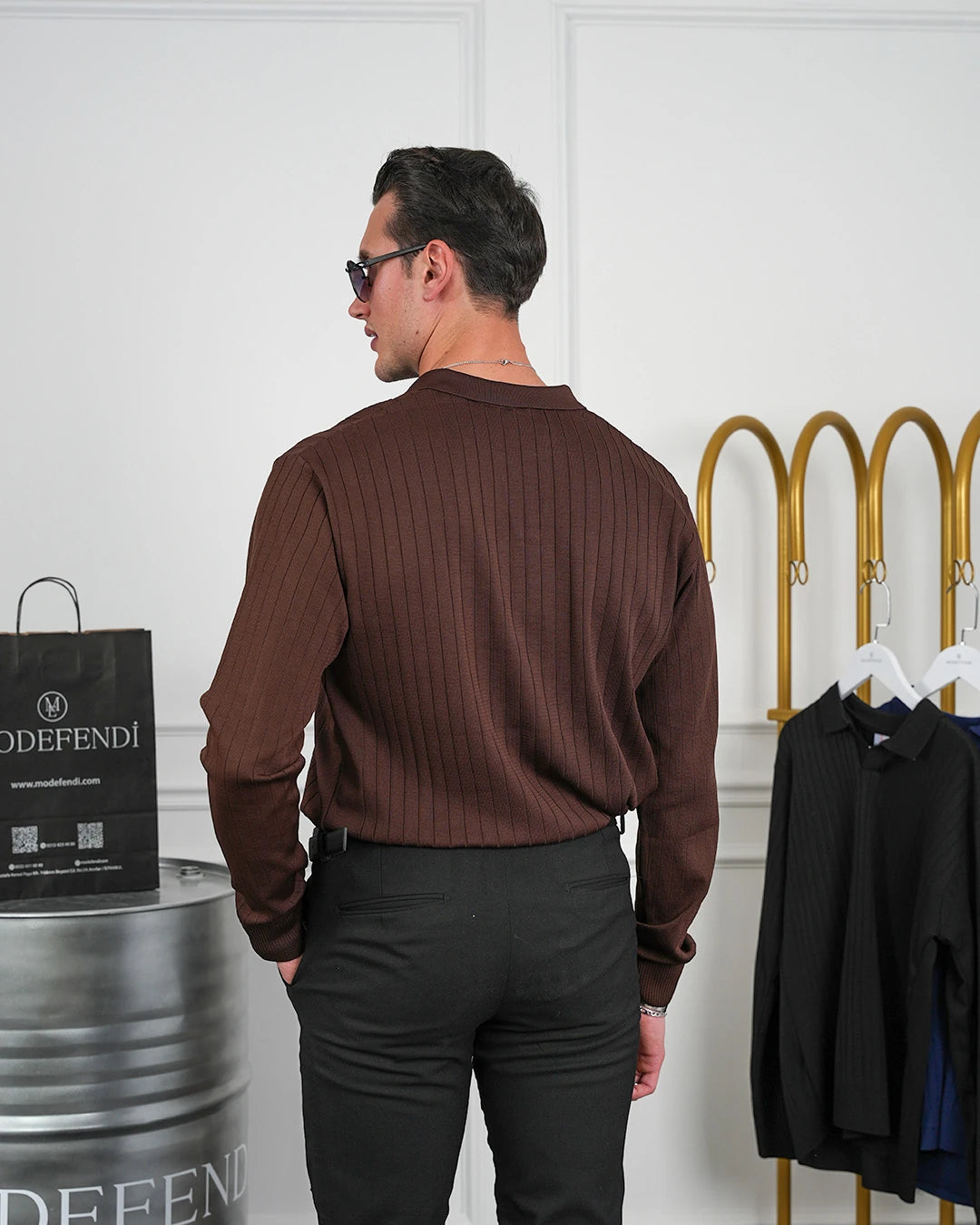 Pamuk Likra Slim Fit Kesik Yaka Dikey Çizgi Triko Kazak