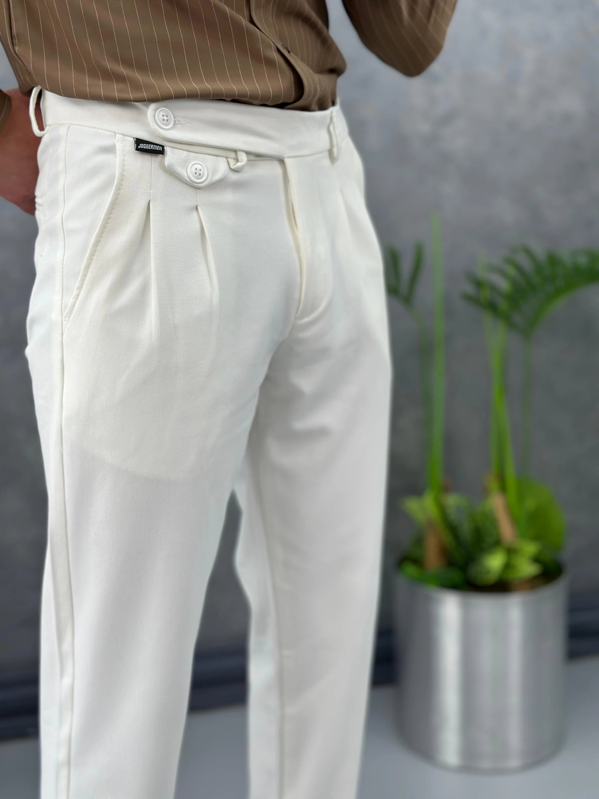 Tek Pile Yüksek Bel Çift Düğme Kumaş Pantolon