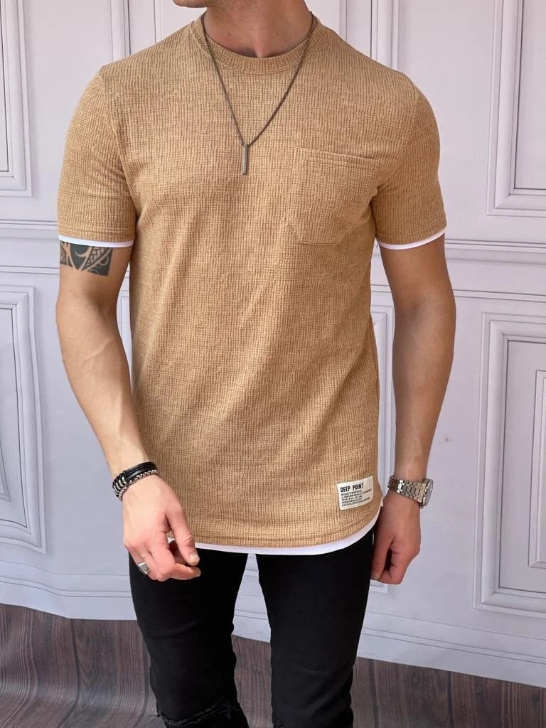 Slim Fit Gofre Kumaş Parçalı Tshırt