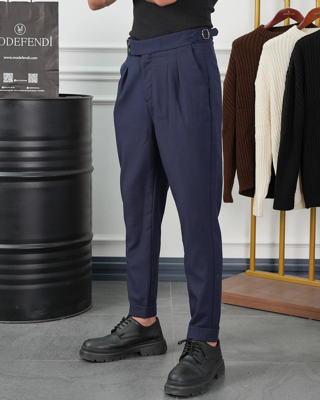 Yüksek Bel Pileli Petek Örme Pamuklu Slimfit Pantolon