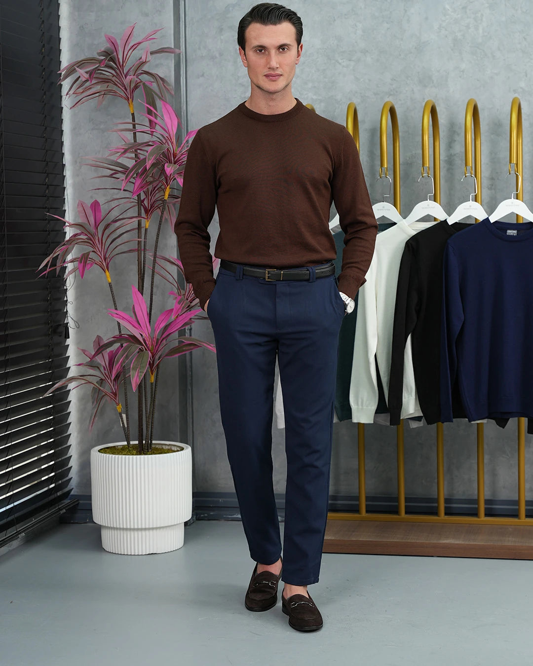 Slim Fit Kalıp Pamuk Likra Sade Bisiklet Yaka Triko Kazak