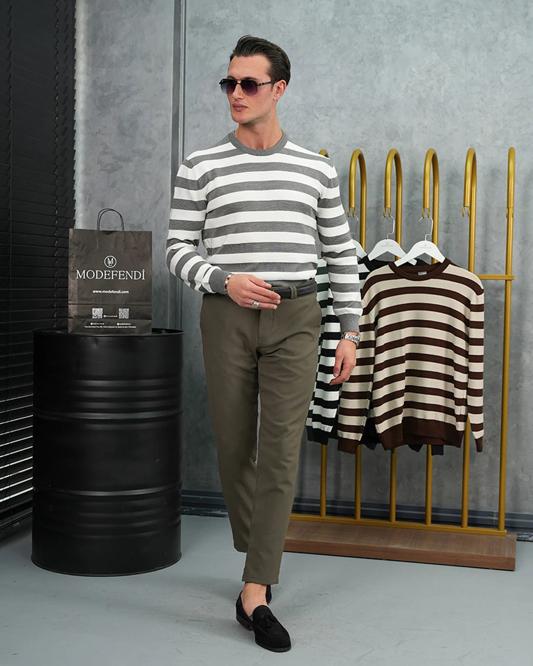 Slim Fit Kalıp Pamuk Likra Yatay Şerit Detaylı Bisiklet Yaka Triko Kazak