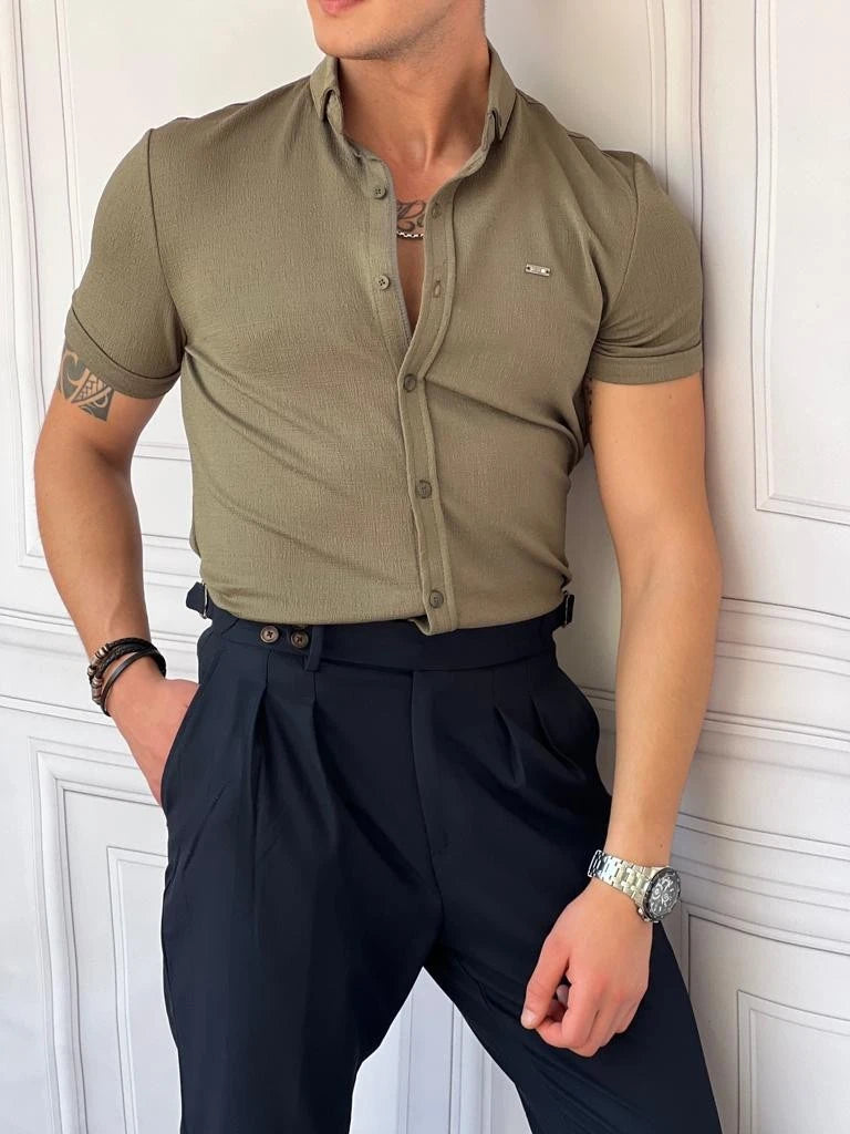 Pamuk Likra Gofre Kumaş Slim Fıt Kalıp Kısa Kollu Gömlek