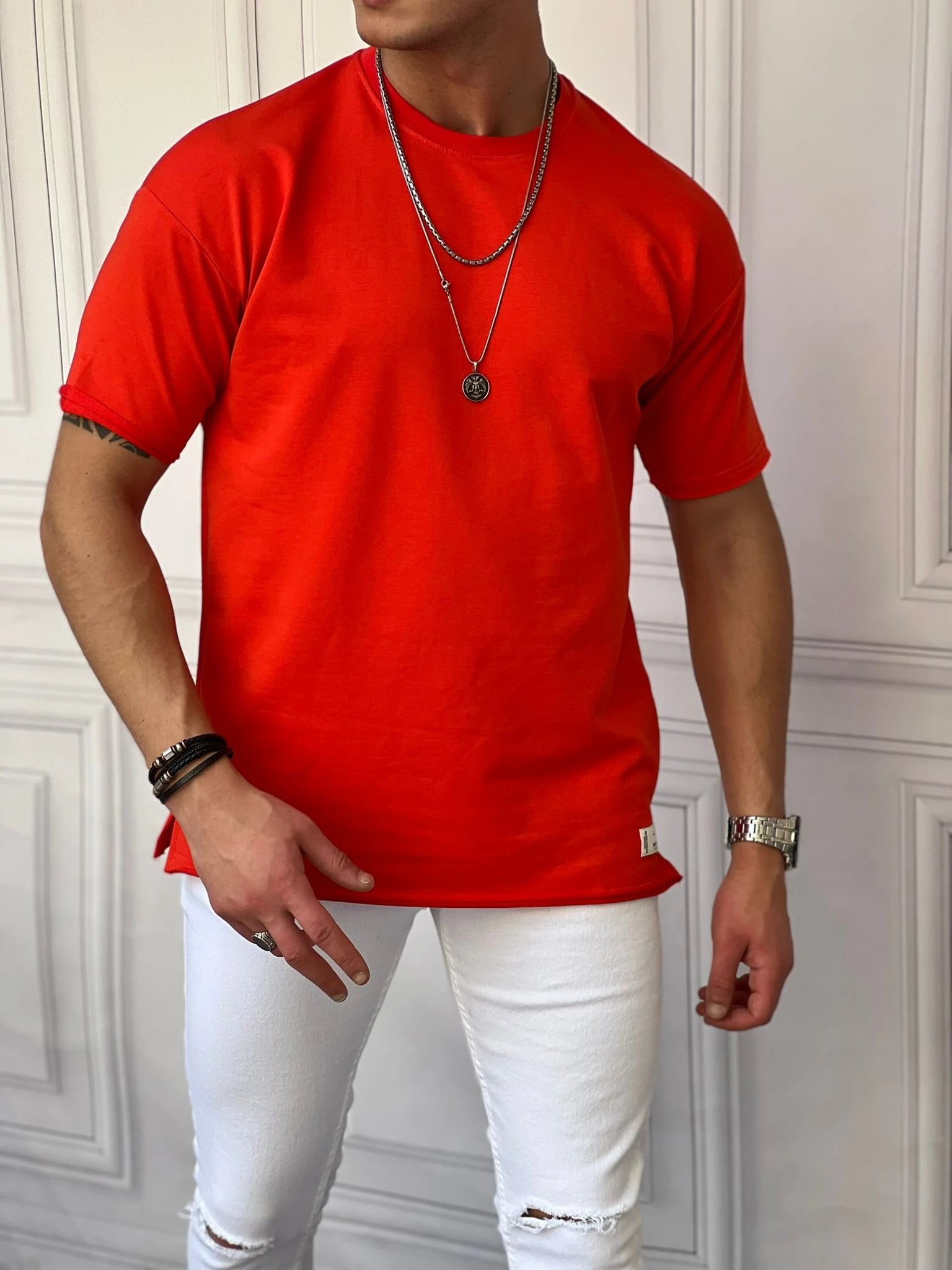 Pamuk Likra Yırtmaç Detaylı 2 İplik Oversize Tshirt