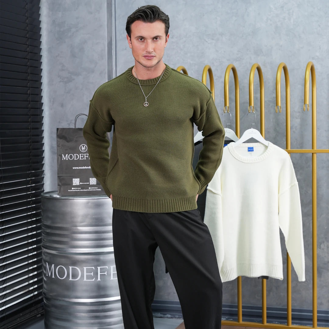 Ters Dikiş Oversize Bisiklet Yaka Yün Pamuk Kazak