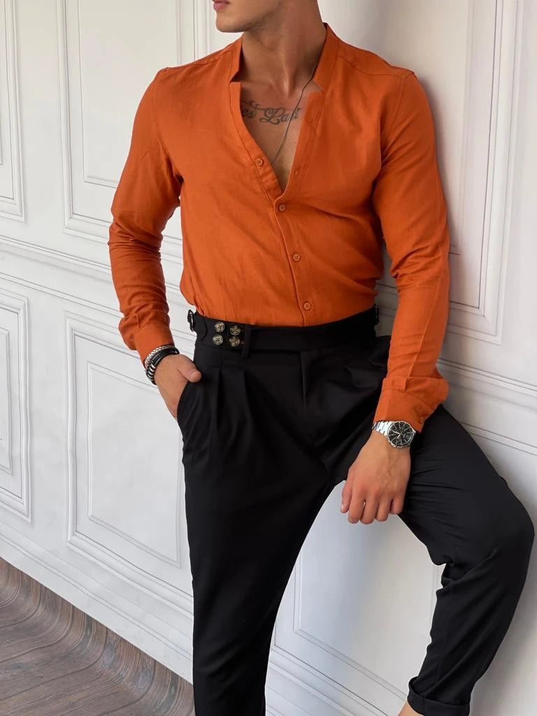 Rahat Kalıp  Yaka Yırtmaç Detaylı Keten Gömlek