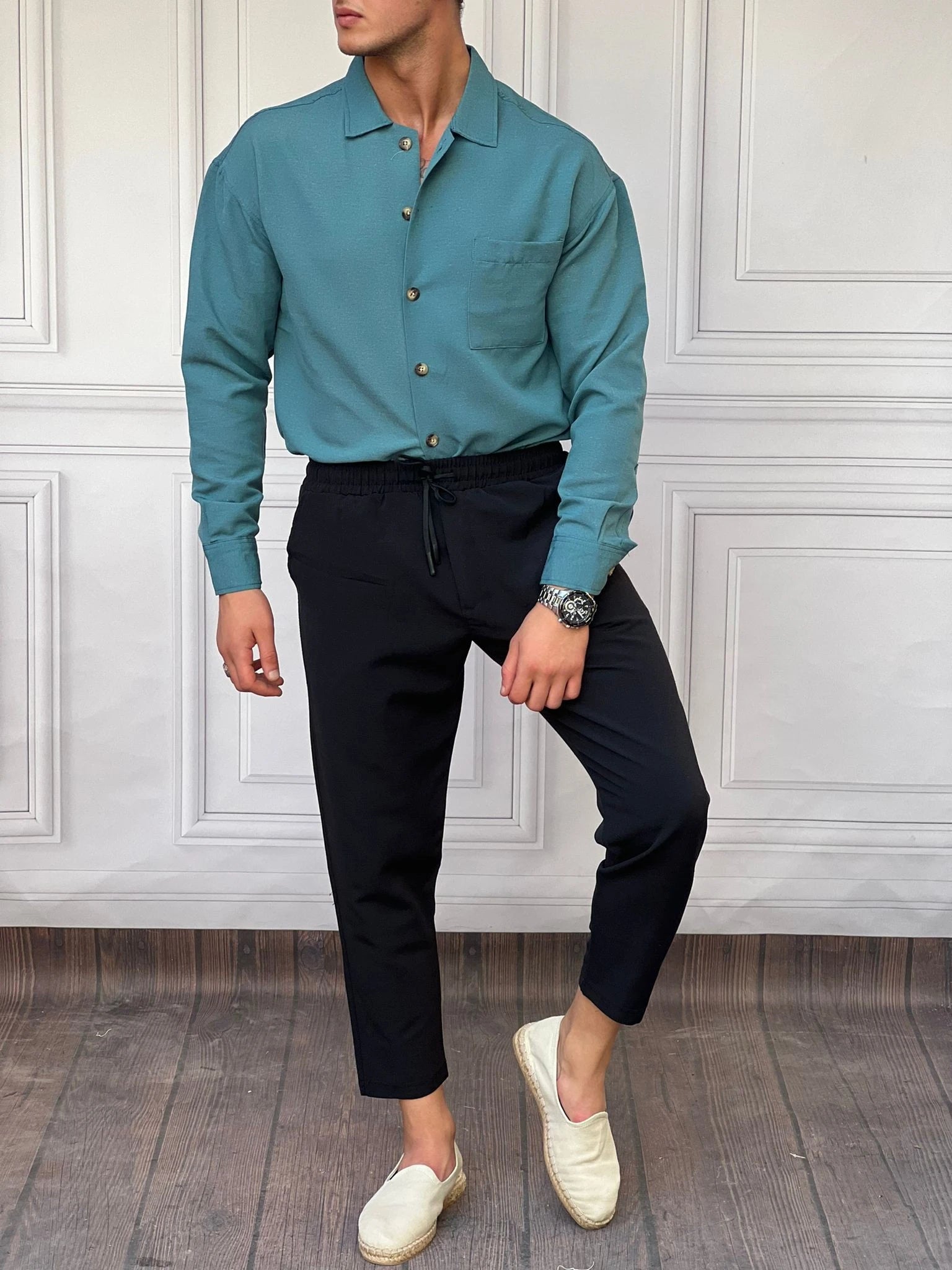 Rahat Kalıp Cep Detaylı Pamuk Keten Gömlek