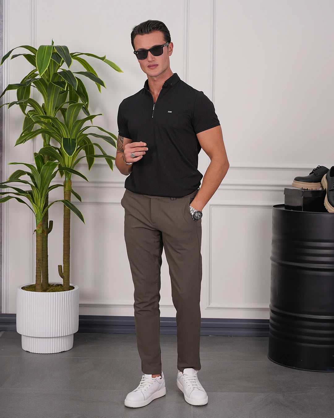 Pamuk Likra Slim Fit Kalıp Bebe Yaka Fermuarlı Tshirt