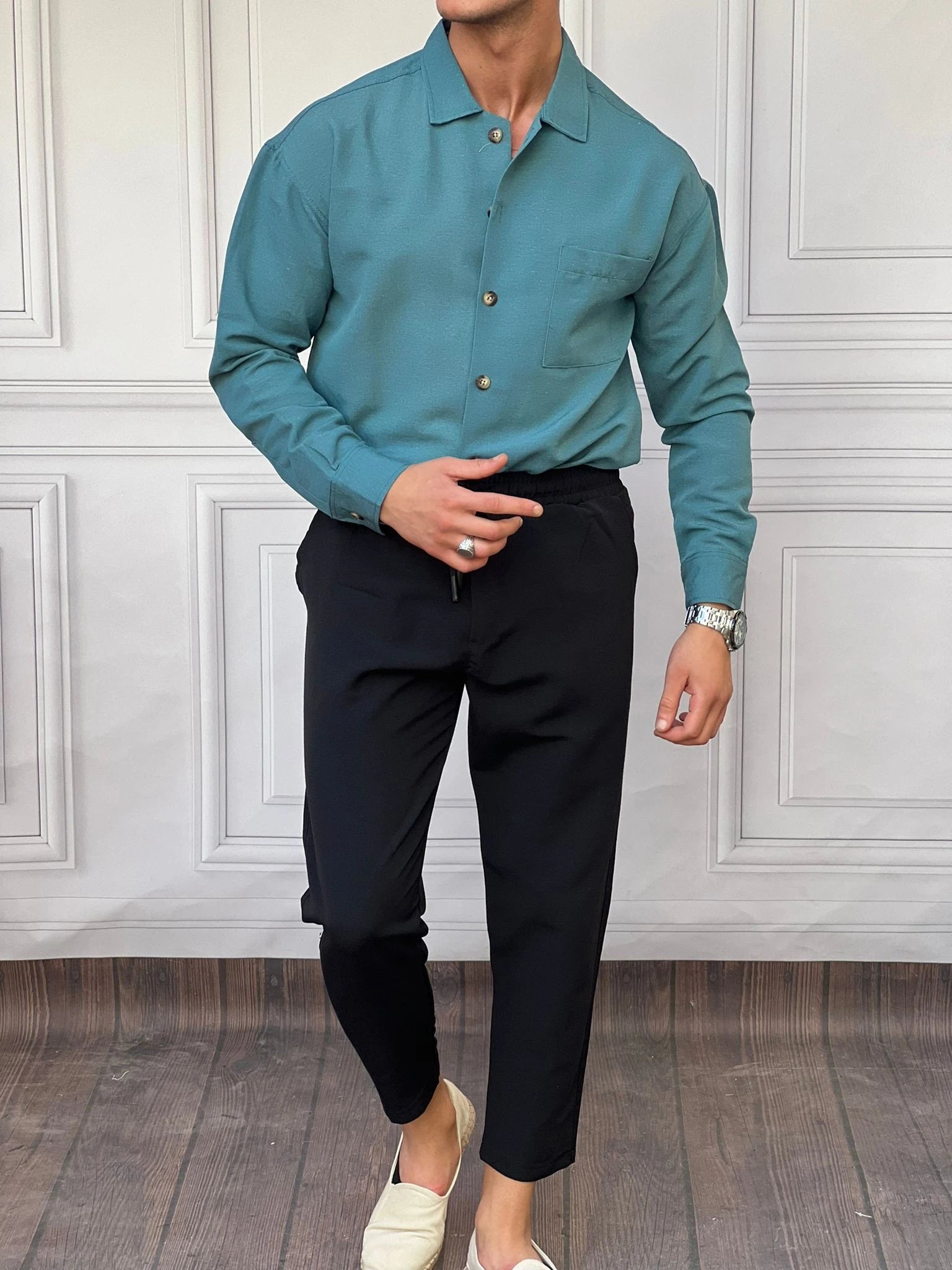 Rahat Kalıp Cep Detaylı Pamuk Keten Gömlek