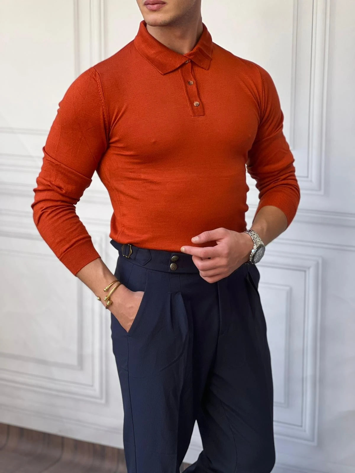 Slimfit Kalıp Pamuk Likra Düğme Detaylı Triko Kazak