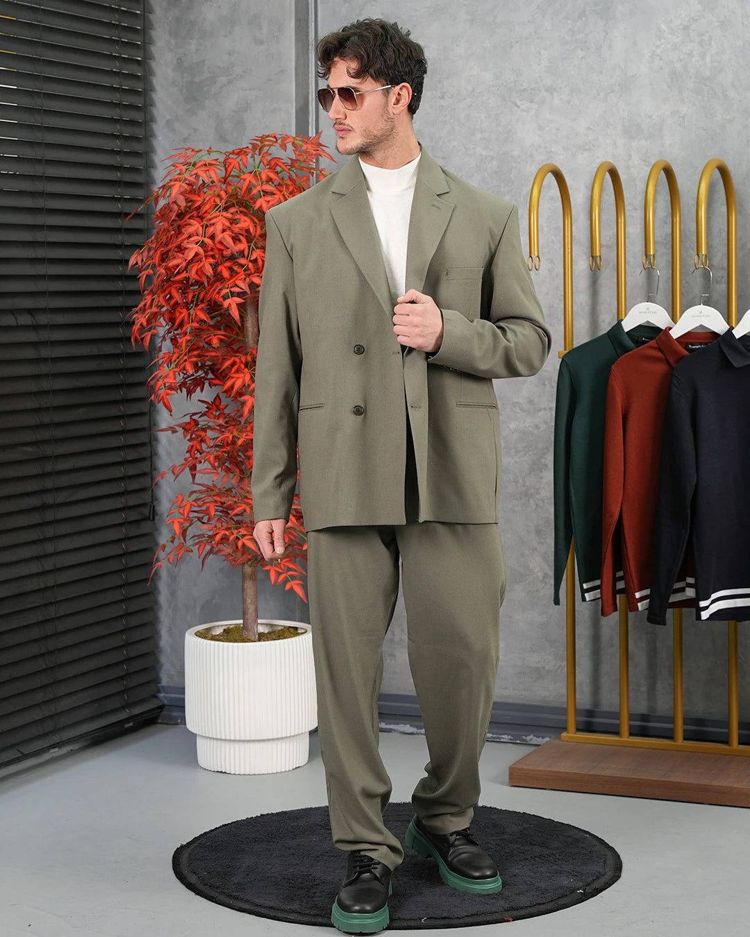 4 Düğme Detaylı Oversize Kesim Baggy Kruvaze Takım Elbise