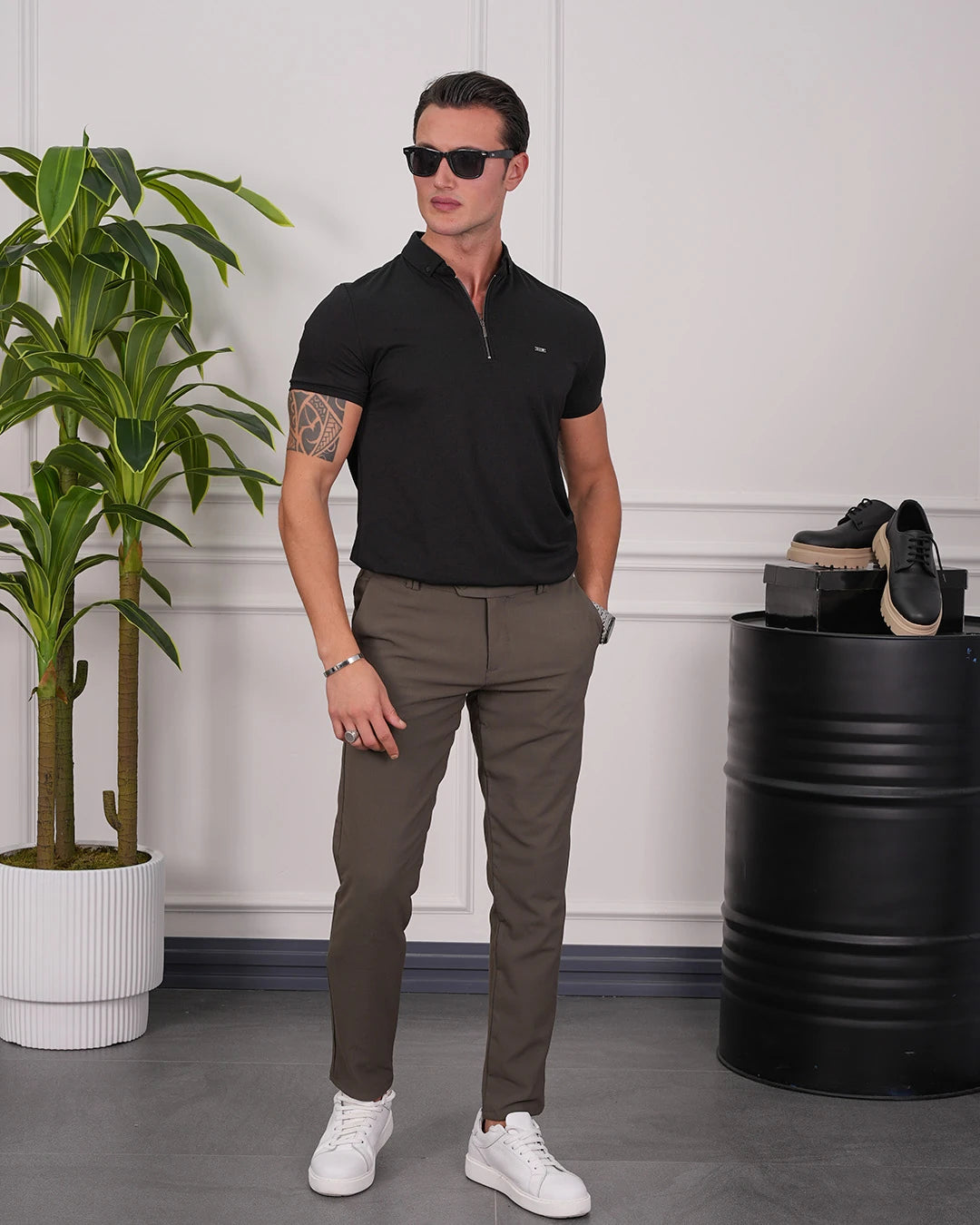 Pamuk Likra Slim Fit Kalıp Bebe Yaka Fermuarlı Tshirt