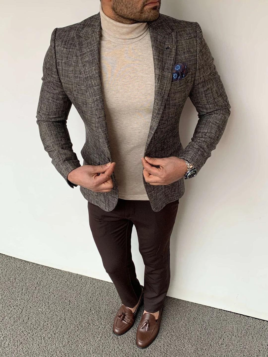 Slim Fit İtalyan Kesim  Hasır Örme Pamuk Spor Ceket Yelek