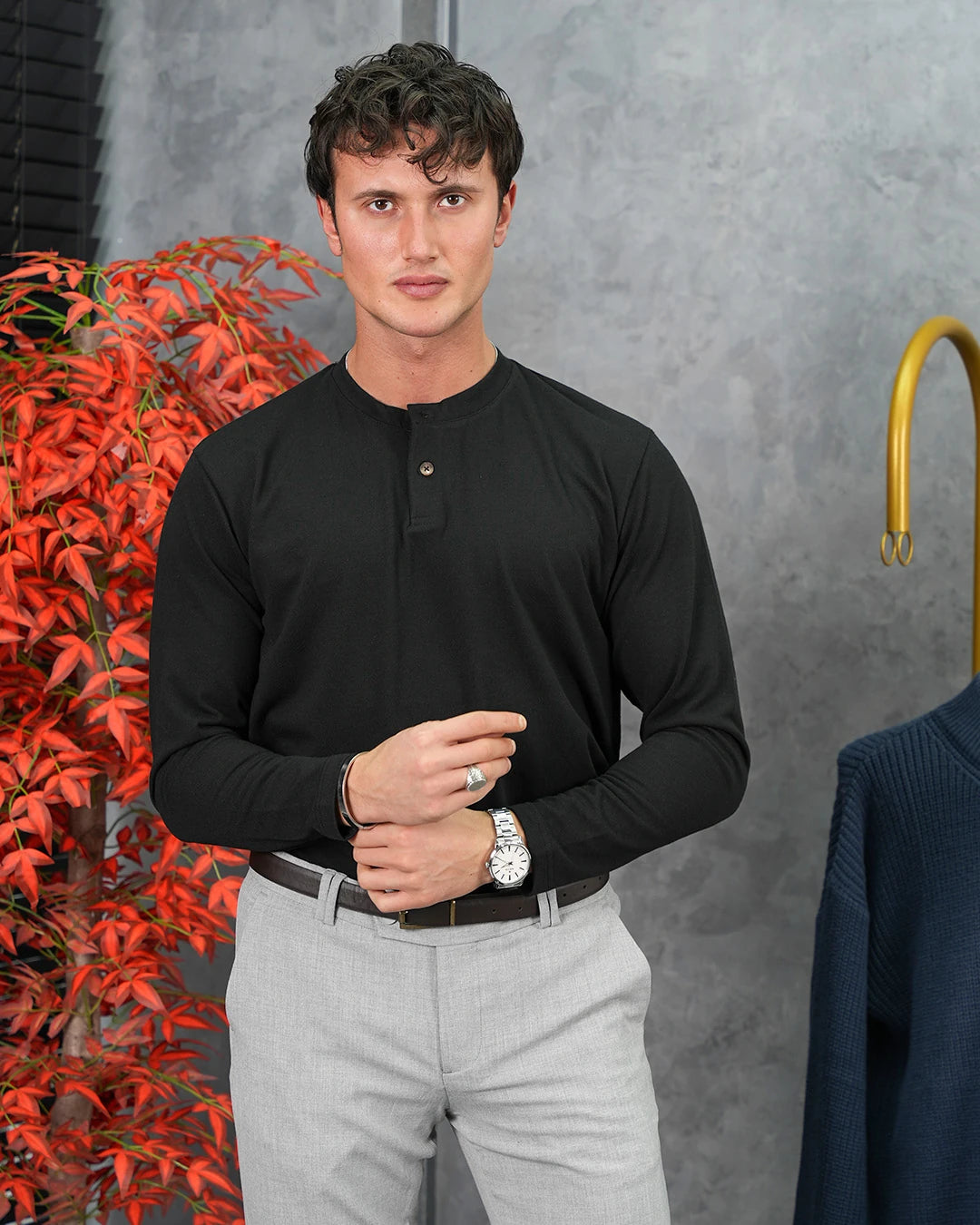 Pamuk Likra Orta Slim Fit Hakim Yaka İki Düğme Sweatshirt