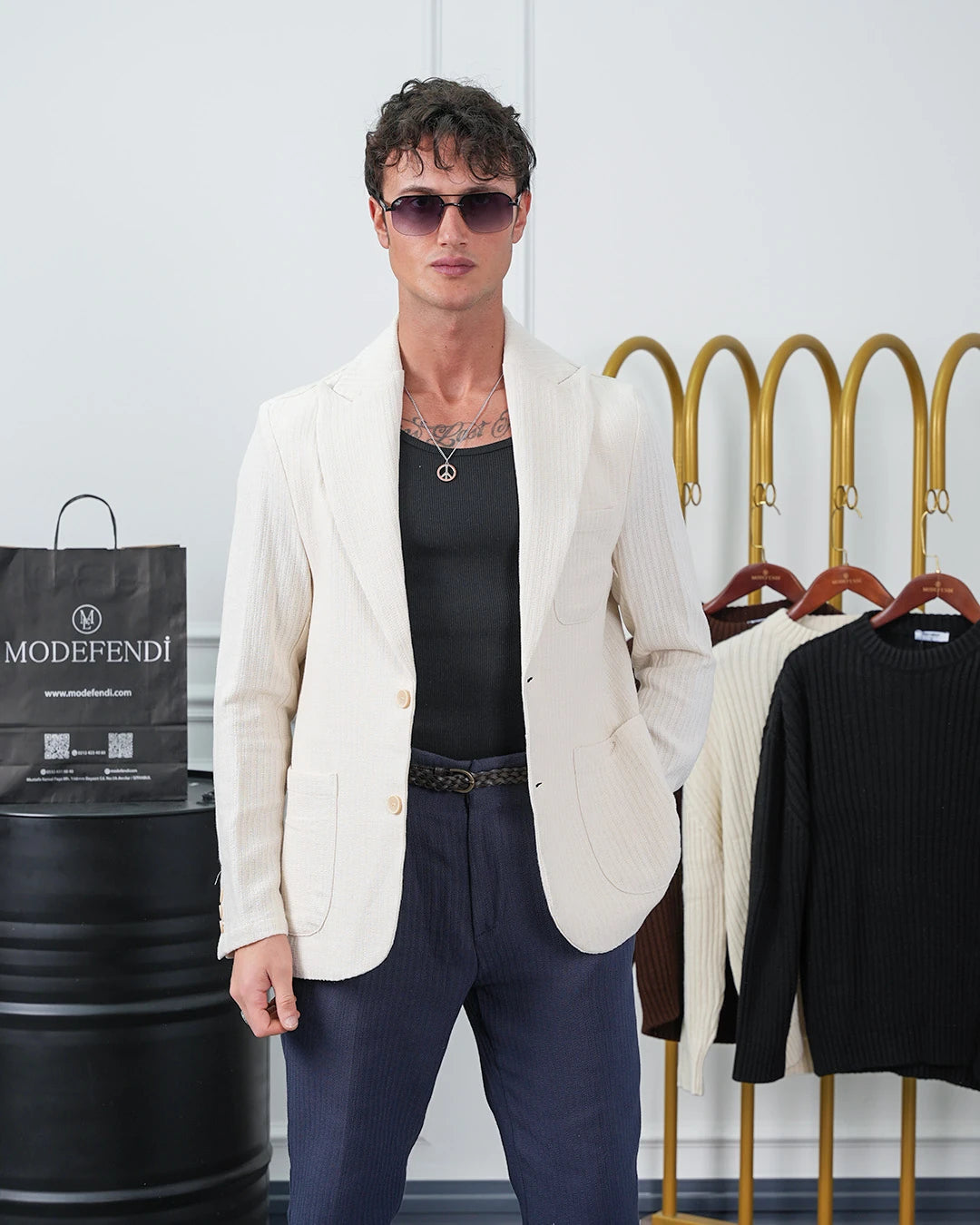 %100 Pamuk Keten Modern Fit Örgü Kemer Detaylı Keten Takım Elbise