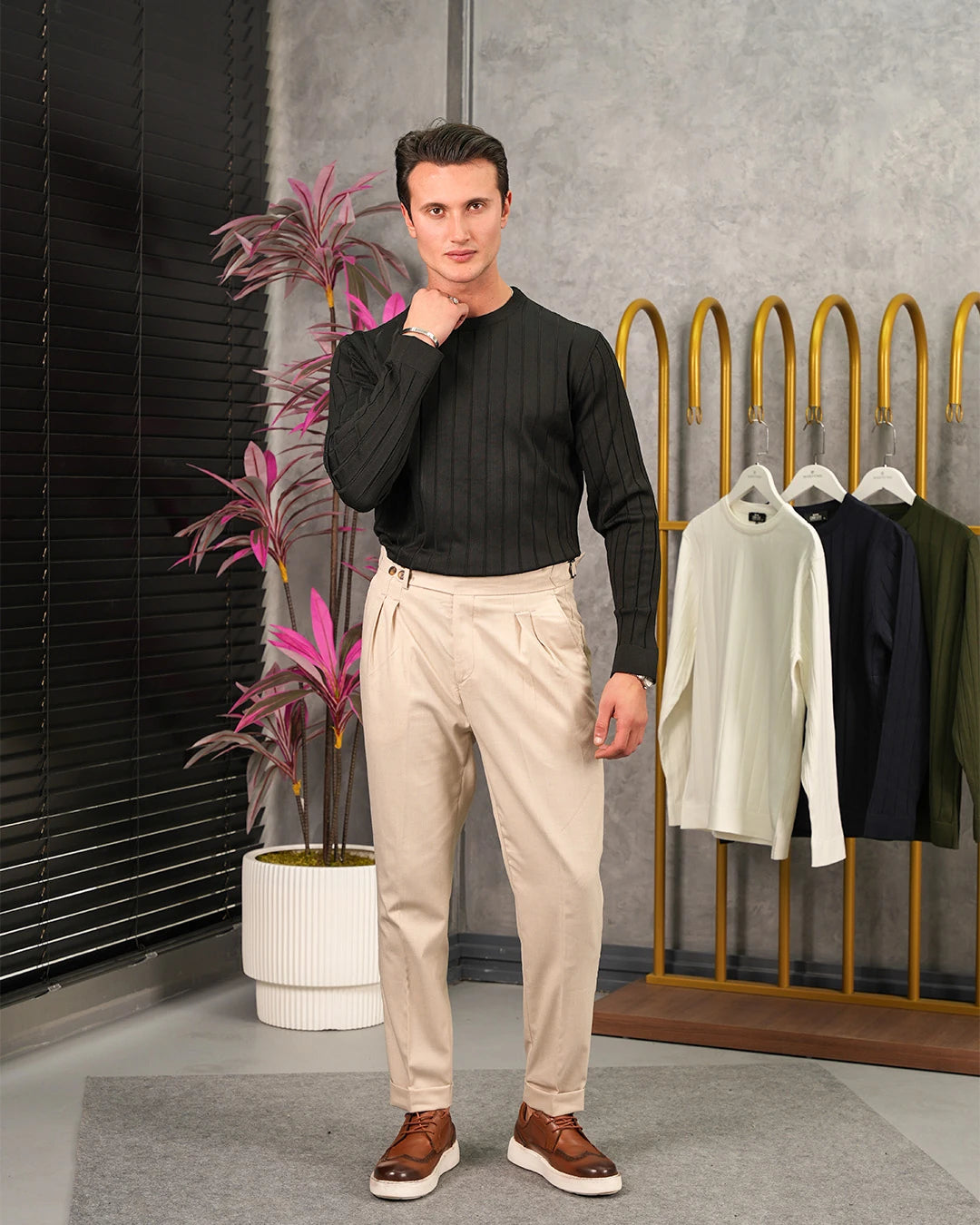 Pamuk Likra Kalın Fitil Bisiklet Yaka Slim Fit Triko Kazak