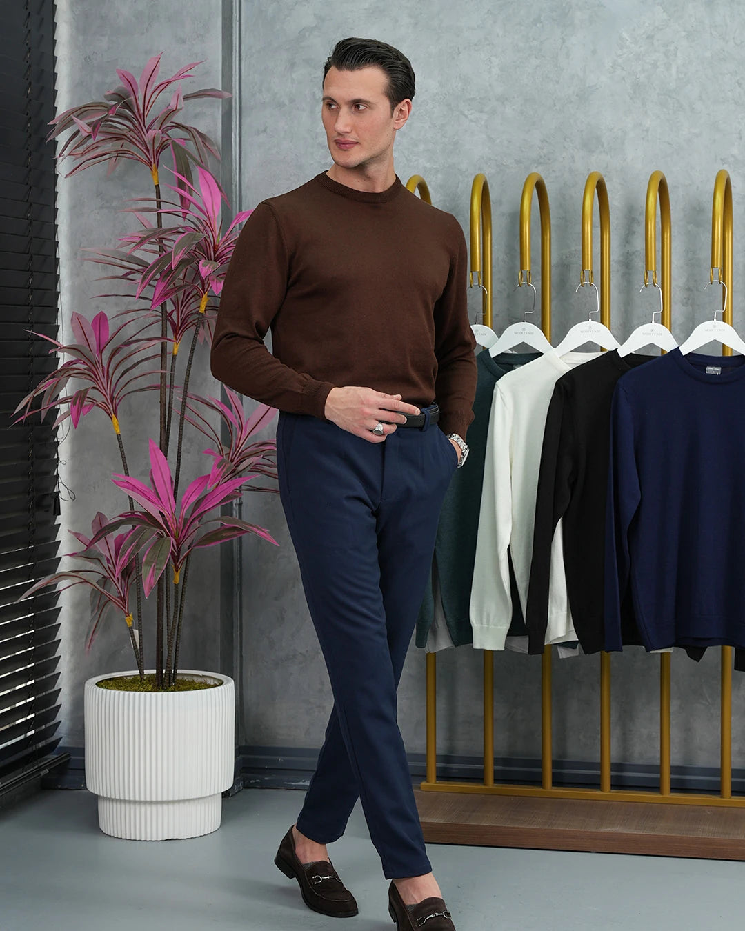 Slim Fit Kalıp Pamuk Likra Sade Bisiklet Yaka Triko Kazak