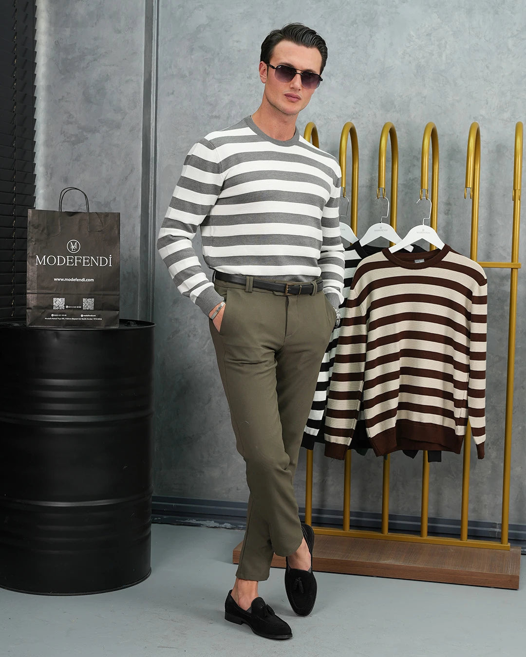 Slim Fit Kalıp Pamuk Likra Yatay Şerit Detaylı Bisiklet Yaka Triko Kazak