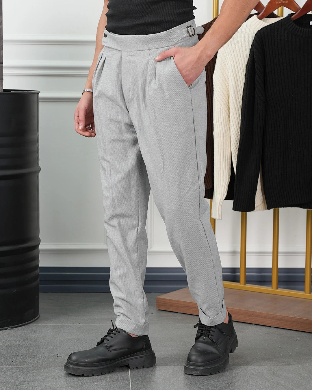 Yüksek Bel Pileli Petek Örme Pamuklu Slimfit Pantolon